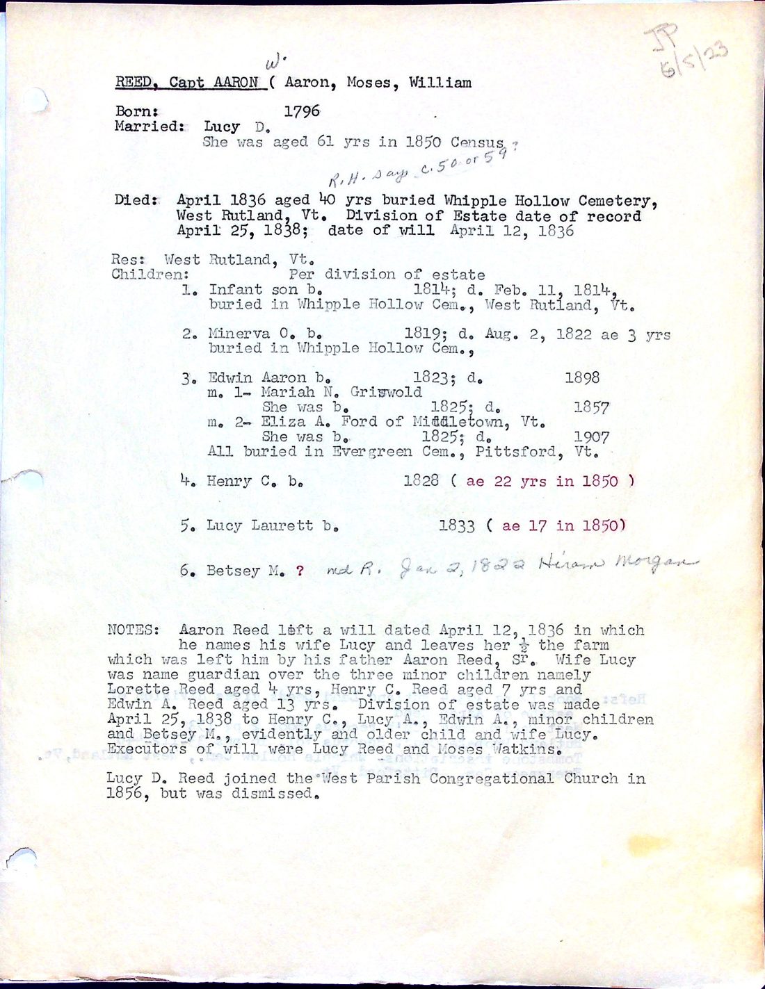 REED, Capt. Aaron W. (1796 1836 West Rutland bur. Whipple Hollow) 1 Lucy GRISWOLD FORD MORGAN terms of will